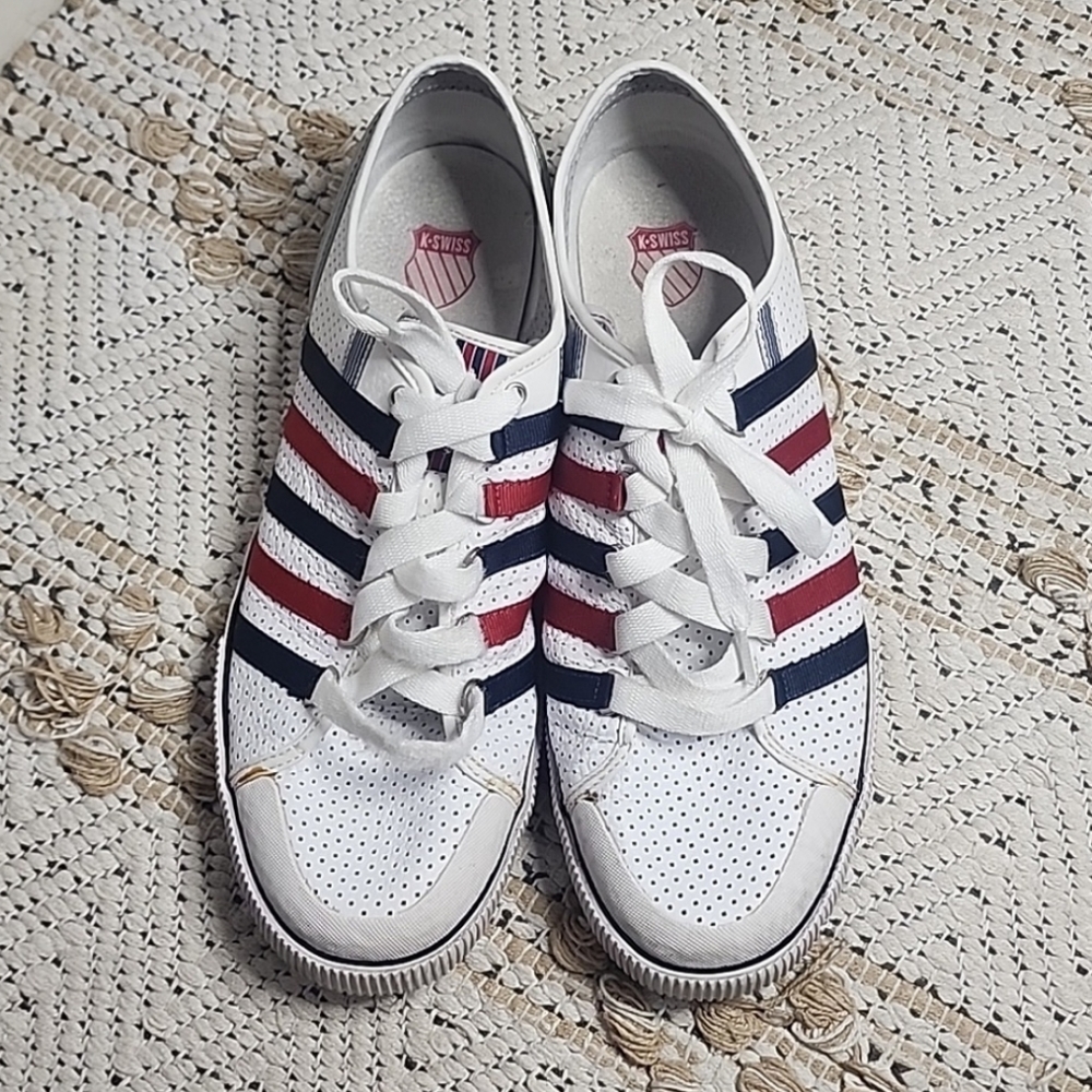 K Swiss Classic Red Blue Stripe White Sneakers Tennis Shoes - Picture 6 of 13